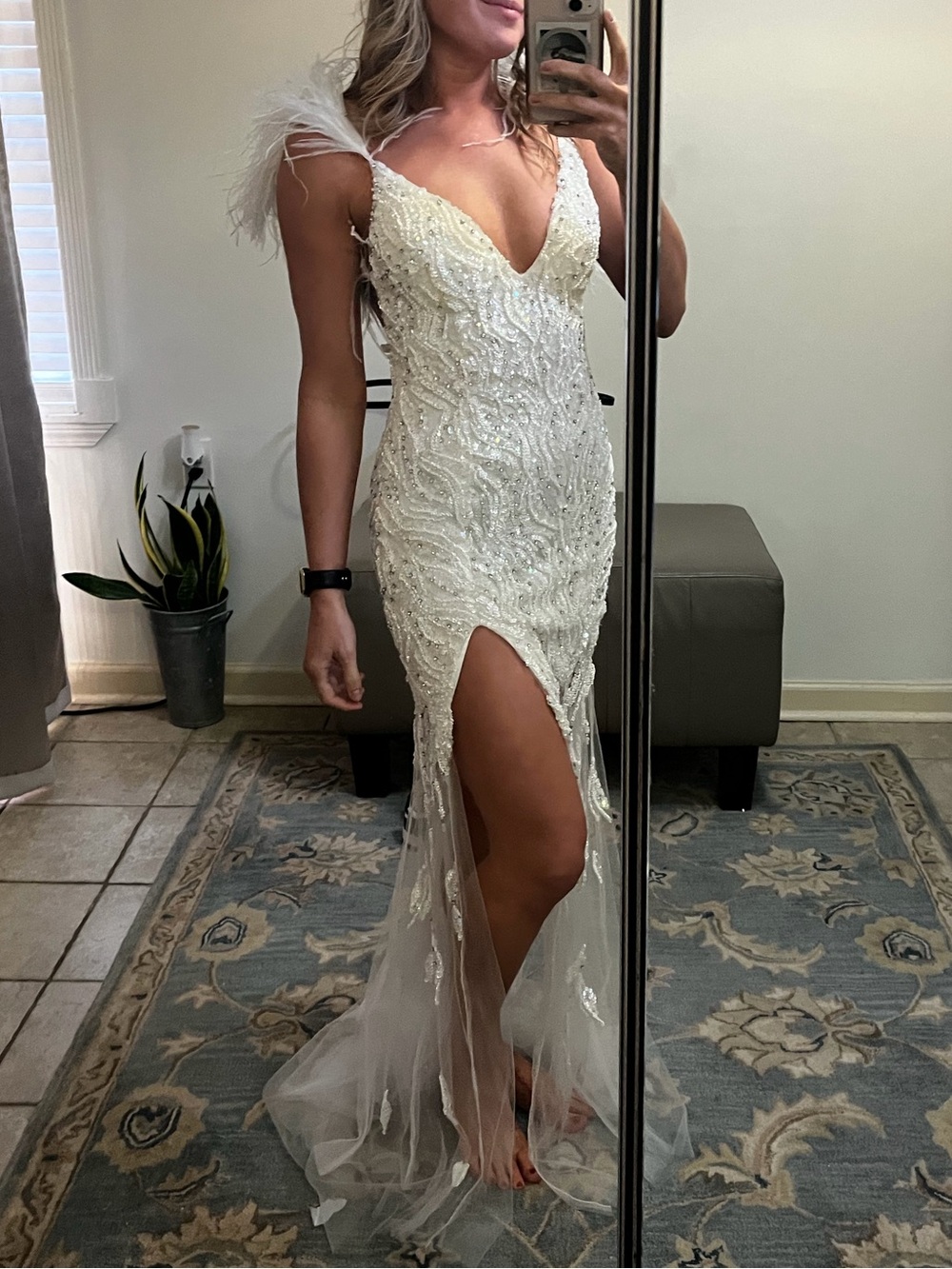 Jovani White Beaded V-Neck Gown with Feather Straps